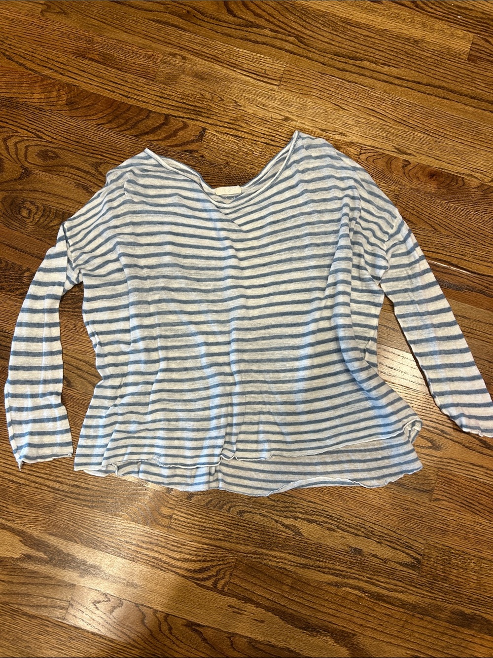CP Shades Striped Long-Sleeve Crew Neck Linen Top - Light Blue & White